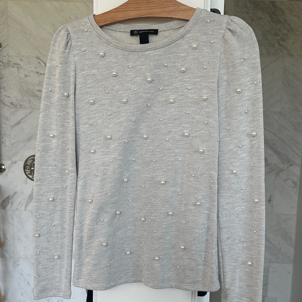 INC International Concepts Light Gray Pearl-Studded Long Sleeve Top PSmall